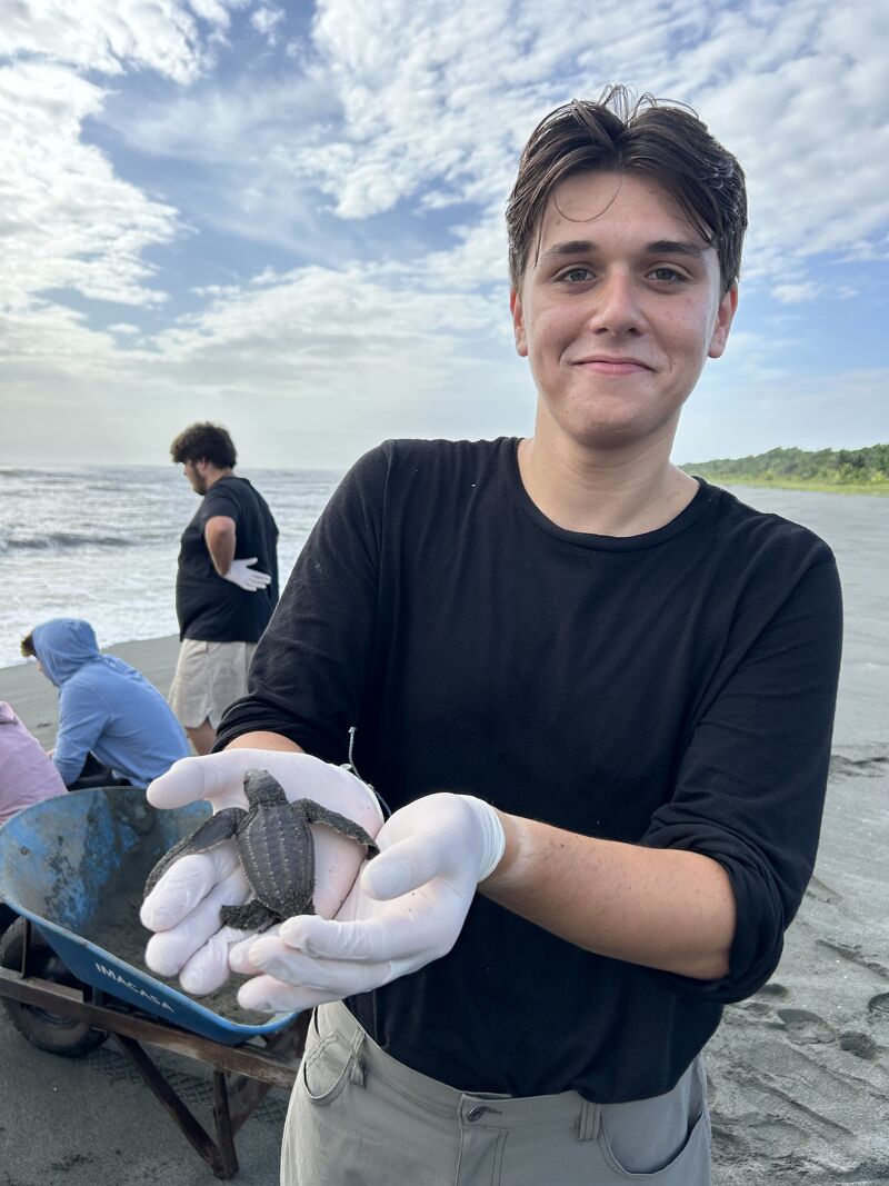 A young man stands on a beach, holding a small, dark-colored turtle in his gloved hands. He is smiling slightly. In the background, there's a sandy beach, the ocean, and other people, one wearing a blue hooded shirt and another wearing a black t-shirt. A wheelbarrow is also visible near the man, suggesting involvement in conservation efforts.